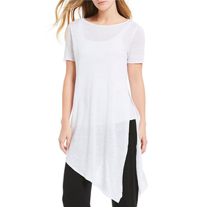 Bateau cuello <span class=keywords><strong>manga</strong></span> corta orgánica linenTunic Pullover construcción asimétrico dobladillo cerca lado - Product Image 3
