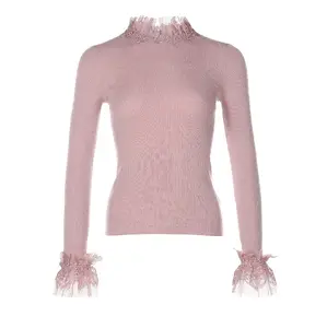 Neueste Mode Design Frühling Rundhals ausschnitt Flare Ärmel Sexy Pullover Strick pullover Frauen Pullover Applikationen