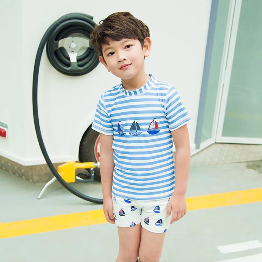Boys Boat Print Short Sleeve Two-pieces Fashion Striped Kids Summer Swimwear With Hat