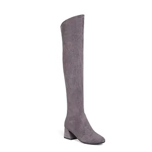 Factory Wholesale Ladies Footwear Med Hoof Heel Suede Over Knee Boots Women Shoes Round Toe Zipper Thigh High Boots OEM Shoes