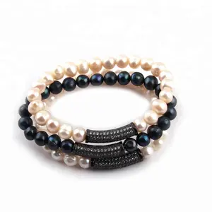 Gelang Hematite Elastis Wanita, Gelang Mutiara Air Tawar, Gelang Bar Rata Zirkon, Hematite Elastis untuk Wanita