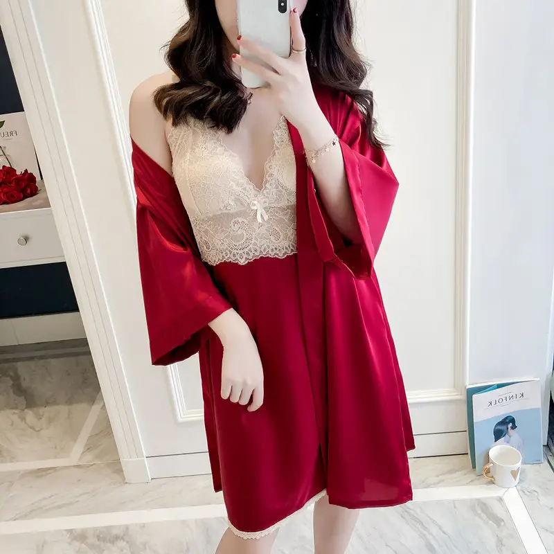 wholesale good quality lady satin night dress and robe 2 piece sleepwear pajamas for women set