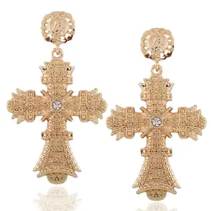 Hot Menjual Warna Emas Besar Cross Menjuntai Drop Anting-Anting untuk Wanita Bohemia Perhiasan