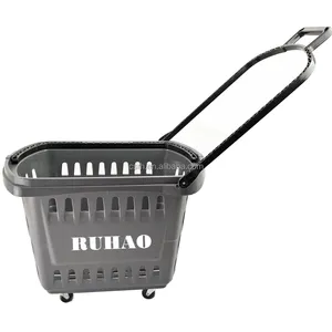 RH-BPR45-5 585*375 * 390毫米45L灰色塑料滚动购物篮带轮子