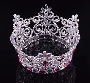 Mahkota Ratu Kecantikan Bulat Penuh Kristal Berlapis Perak Logam Modis