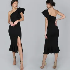 Frau Kleidung Mode One Shoulder Rüschen Design Black Bandage Frauen Lange Abendkleider