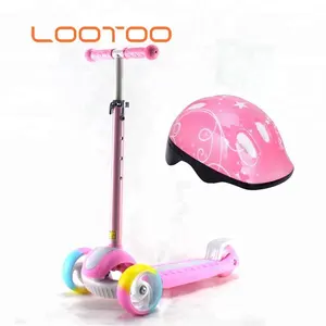 Verstelbare hoogte vouwen groen roze meisjes knipperlicht up 3-wheeler kick scooter met helm kit