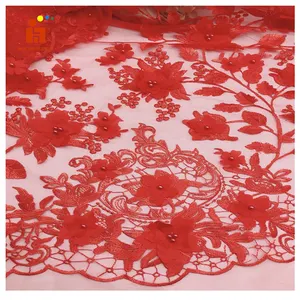 HLS161 fabbrica ricamo Appliques 3D fiore di alta qualità ricamato tessuto di maglia rosso con perline per il vestito