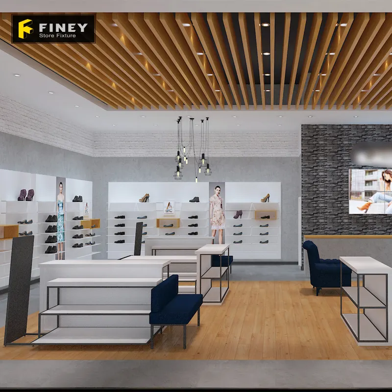 अनुकूलित आधुनिक शैली जूते की दुकान इंटीरियर फर्नीचर लेआउट खिड़की डिजाइन सजावट कारखाना कीमत लकड़ी धातु जूते की दुकान रैक