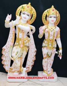 Belle statue en marbre blanc poli du dieu et de la déesse hindous Radha et Krishna, main en position de bénédiction, utilisée pour le culte et la décoration de la maison - Product Image 1