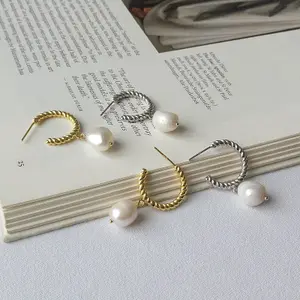 14K gold plated geometric hoop bridesmaid drop white fresh water pearls dangle earrings for women