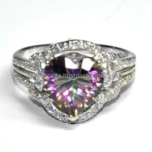 Классическое серебряное обручальное кольцо в форме сердца с радужным Мистик-топазом, свадебное кольцо из стерлингового серебра 925 пробы, красивое дизайнерское кольцо ручной работы, подарок