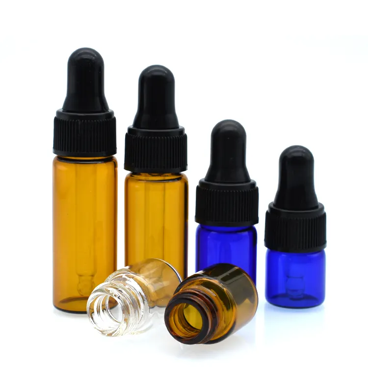 5ml 3ml 2ml 1ml Refillable Empty blue clear transparent Mini Amber glass serum bottle vials Glass Dropper Bottle with dropper