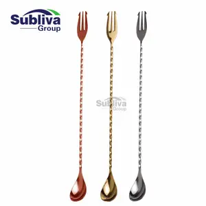 Cocktail Spoon With Fork Stainless Steel 400mm Long Handle Twisted Mixing Spoon