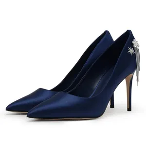 جديد أزياء سيدة عالية الكعب فستان ستان المحكمة أحذية الأزرق مثير النساء مضخات السيدات كعب حذاء اللباس أحذية