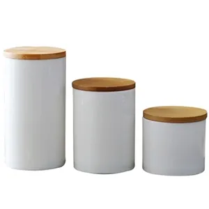 带竹盖的白色陶瓷瓶罐咖啡茶糖密闭厨房储物容器定制罐