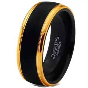 黑色钨戒指18K黄金结婚戒指碳化钨8毫米钨戒指男结婚戒指