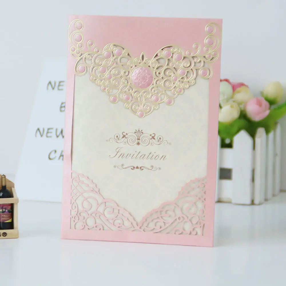 最高のカラフルなレーザーカット金メッキパールペーパークラフトカード結婚式のデザインの結婚式のカード