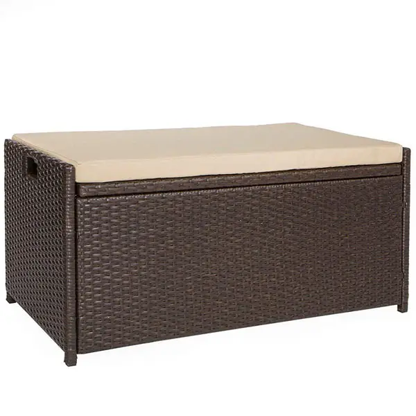 Brown Rattan Storage Bench with Cushion