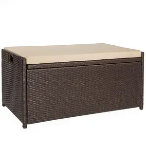 Brown Rattan Storage Bench with Cushion
