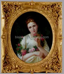 Antique Luxury European Gilded Wooden Carved Lady Portrait Framed Oil Painting, Home Decor Hand Printed Wall Art