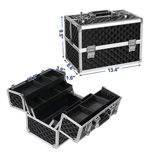 Makeup Train Case Professional Cosmetic Box with Adjustable Dividers 4 Trays and 2 Locks Black