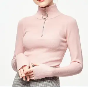 Klasik desain 1/4 zip rings wanita dekoratif sweater