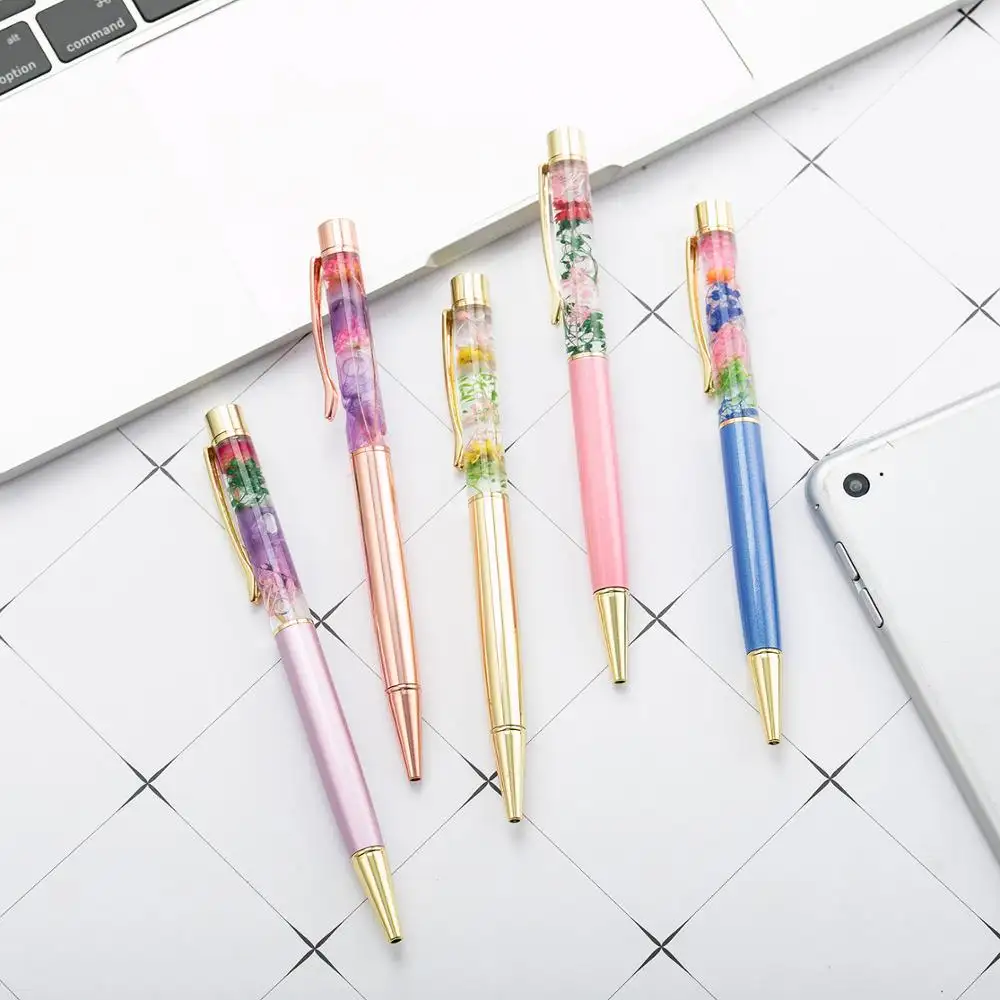 Womens Pens Promotional Customer LOGO Stock Women Ballpoint Pen Free Sample Dynamic Liquid Flower Floral Metal Ballpen