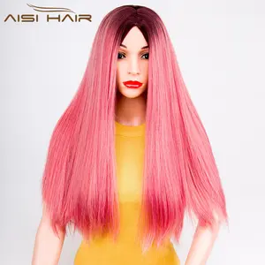 Aisi Rambut Palsu Sintetis Lurus Panjang Wanita, Wig Merah Muda Ombre untuk Wanita Warna Hitam