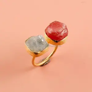 Crudo aguamarina rubí piedra preciosa oro vermeil anillo 925 plata esterlina mujeres y niñas proveedores de joyería de moda