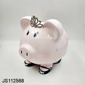 Hucha de porcelana con diseño de cerdo rosa, hucha con corona de princesa