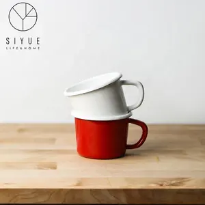 Grosir Cangkir Berkemah Teh Enamel Merah Putih Cangkir Besi Porselen Cetak Kustom Kopi Keramik Mug 1636