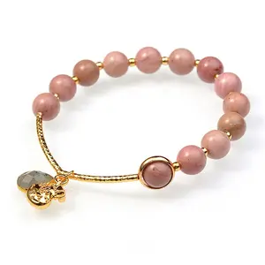 Charm เครื่องประดับอัญมณี Rhodonite หินธรรมชาติลูกปัด Handmade สร้อยข้อมือผู้หญิง