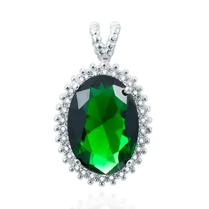 POLIVA Dubai Costume Jewelry Oval Shape Big Emerald Gemstone Pendant with Clear Cubic Zirconia in Sterling Silver