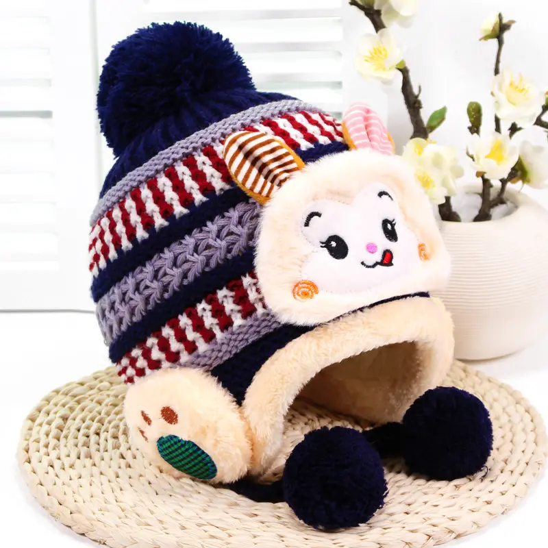 Hao Baby 2022 Winter New Cartoon Monkey Earmuffs Knitted Children Hat