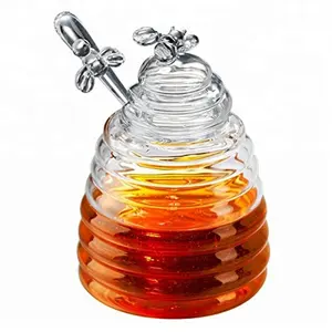 Gift Boxed Clear Beehive Crystal Glass Honey Jar Honey Bee Pot with Dipper