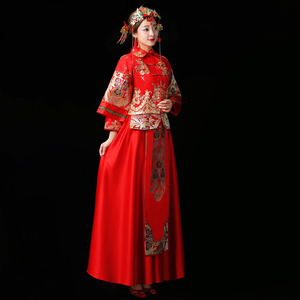 Hohe qualität rot chinesische maß langarm traditionelle bestickt hochzeit kleid