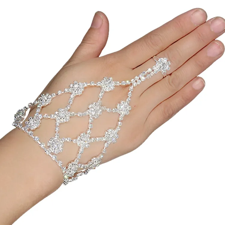 Fashion Irresistible Flower Shape Bridal Jewelry Luxury Pave Crystal Mesh Alloy Hand Chain Bracelet With Ring