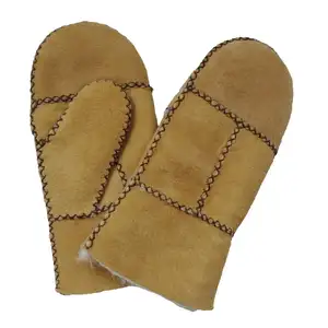 Factory Handsewn Double Face Sheepskin Shearling Fur Lined Mitten Cheap Kids Lamb Fur Patched winter gloves for children