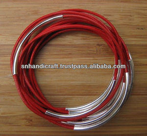 Handmade Happiness Handmade Poppy <b>Red</b> Leather Cord Bangles With Silver Plated Tubes - Product Image 1