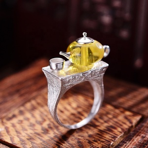 Anelli Lotus Fun in <span class=keywords><strong>Argento</strong></span> Sterling 925 con Design Vintage a Forma di Teiera e Gemma d'<span class=keywords><strong>Ambra</strong></span> per Donna, Gioielli Raffinati - Product Image 3