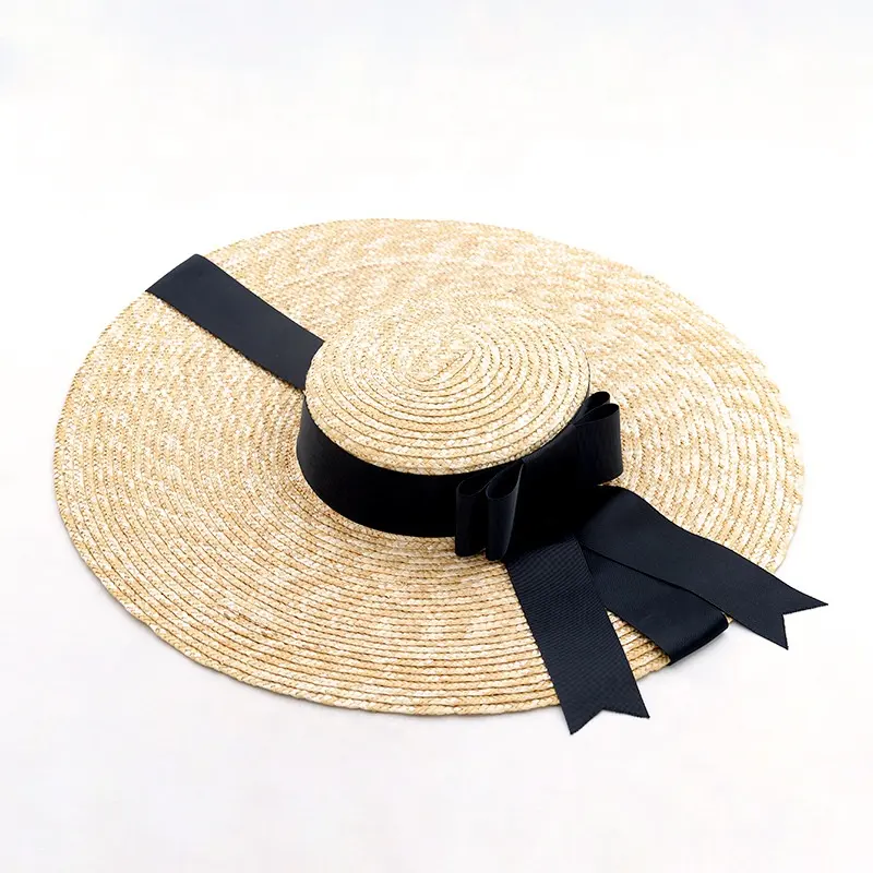 Topi Pantai Tepi Lebar Jerami dengan Pita, Topi Matahari Musim Panas untuk Wanita