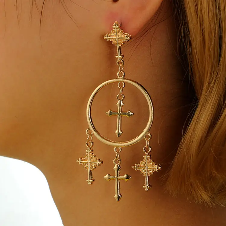 Anting-Anting Menjuntai Besar Antik Emas 18K Wanita Anting-Anting Menjuntai Salib Ukiran Geometris