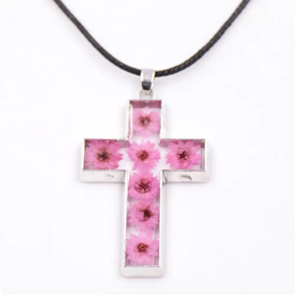 boho jewelry Christian jewelry women men stainless steel resin pink Dried Dry Flower Pendant necklace