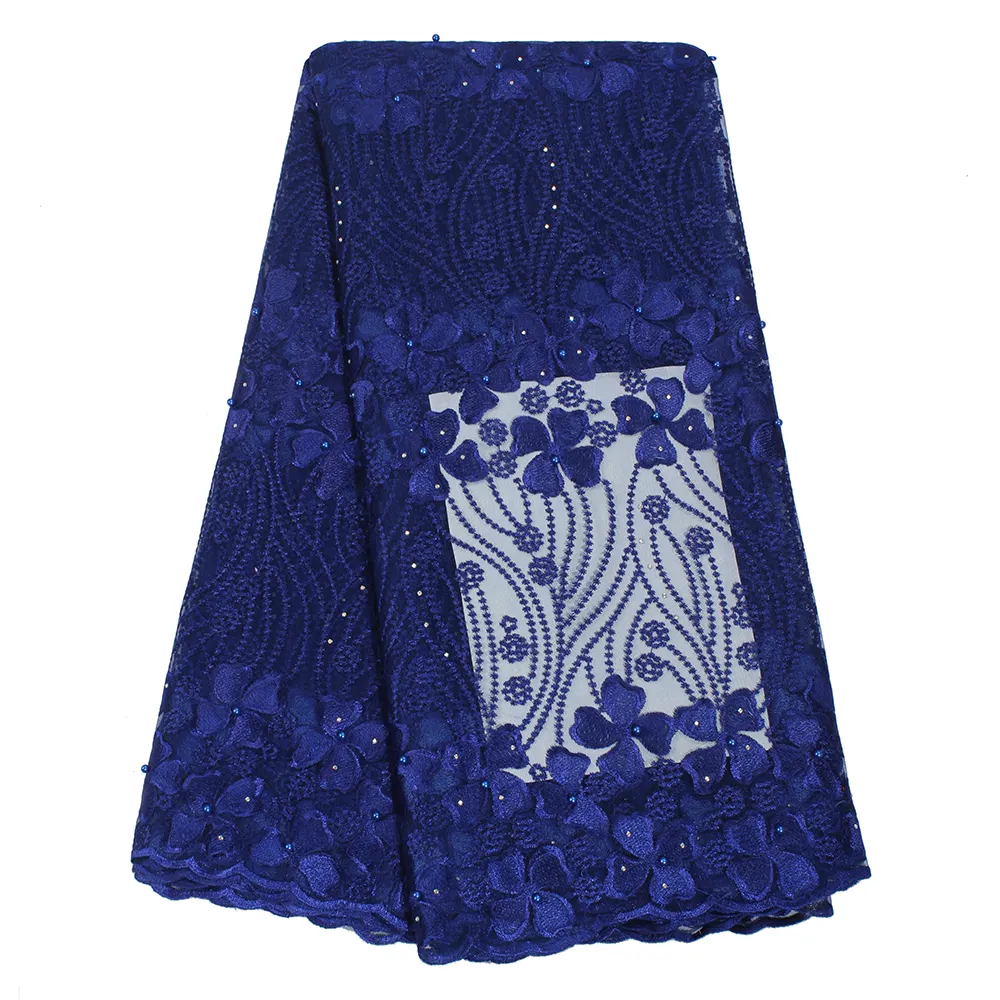 Groothandel franse tulle kant stof koningsblauw mooie bloemen borduurwerk mesh kant met parels FL0330