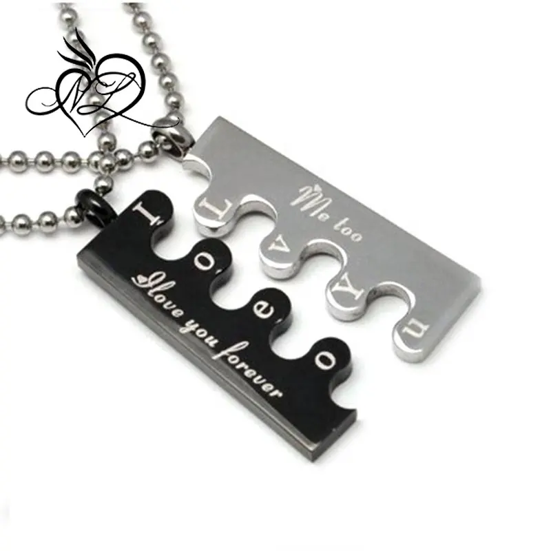 LOORDON STOCK Stainless Steel Couple "I Love You Forever / Me Too" Lovers Puzzle Pendant Necklace Set His and Hers