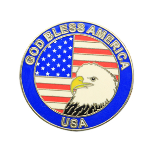 Pin de Solapa Redondo Personalizado de Esmalte de Alta Calidad del Fabricante con la Frase "God Bless America" - Product Image 1