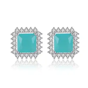 LUOTEEMI Frosted Bule Pha Lê CZ Ladies Earrings Một AA Zircon Đá Vuông Ear Stud Cho Phụ Nữ