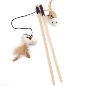 天然木制亚麻鼠标头小鱼猫玩具，带铃铛和棍棒和猫棒批发