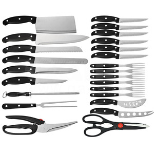 QANA Factory Wholesale OEM 25pcs multifunctional Royalty line Kitchen Knife set with leather case damascus chef knife